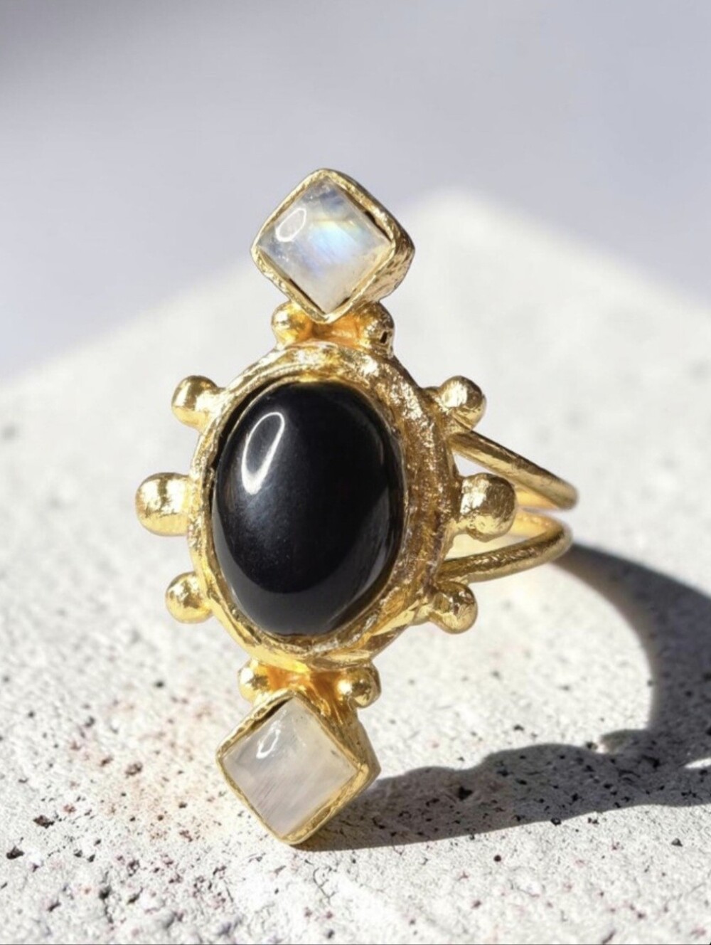 Romantic 18k Gold Plated Artisan Byzantine Onyx Stone Moonstone Crystal Ring